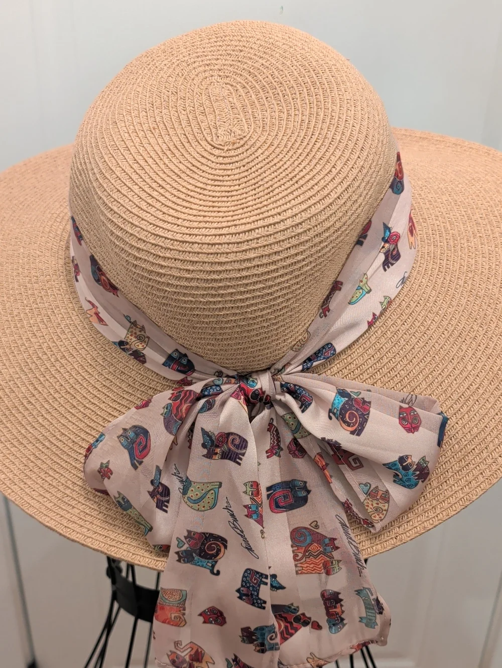 Laurel Burch Brim Straw Sun Hat with Decorative Scarf - Beige
